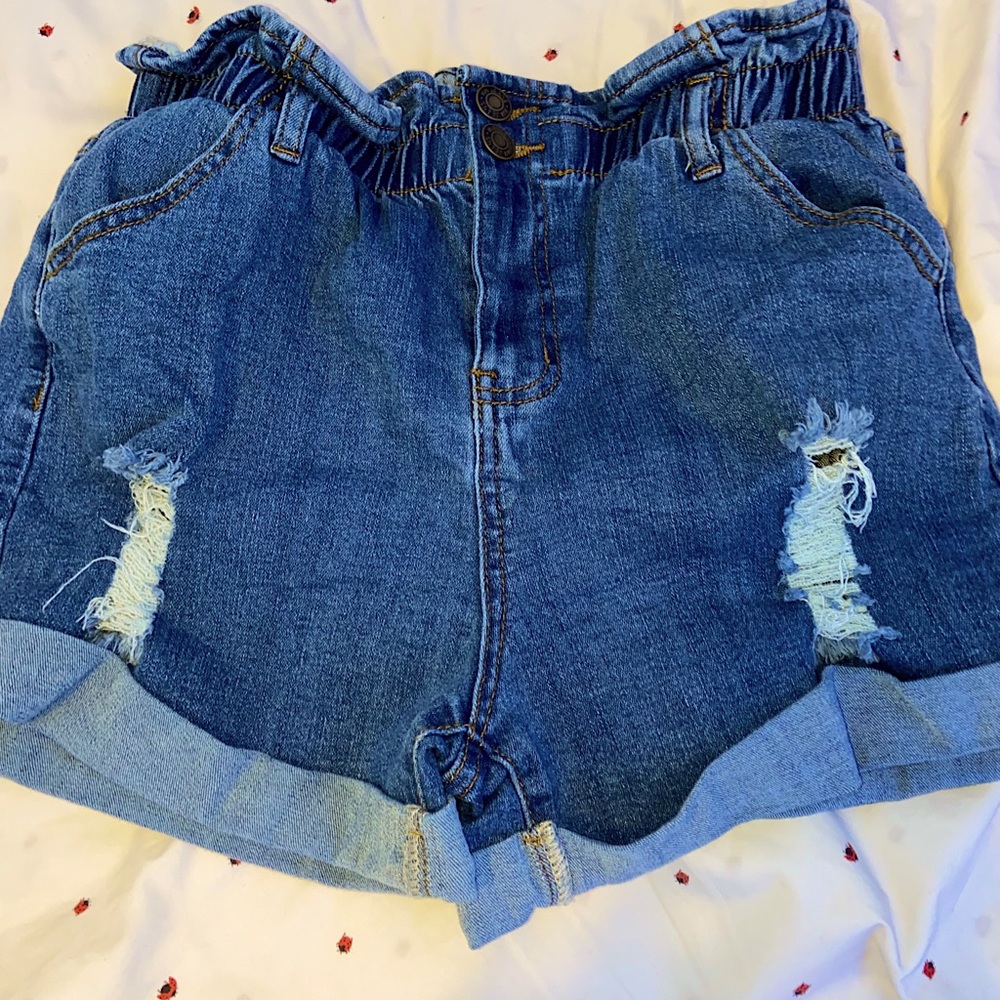 Denim blue shorts synched at the waist